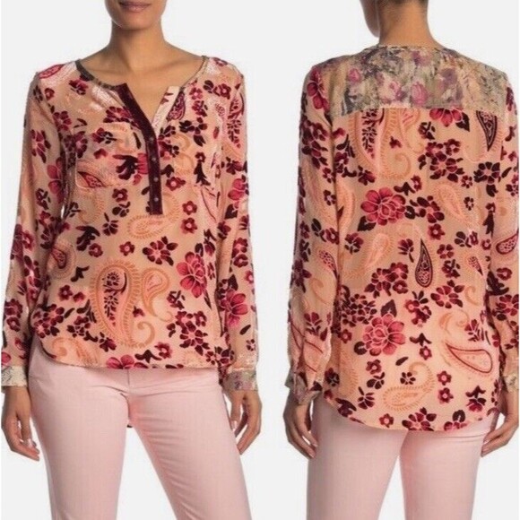 K1 Aratta Silent Journey Burnout Floral Velvet Mix Media High Low Blouse Sz ? - Picture 1 of 12